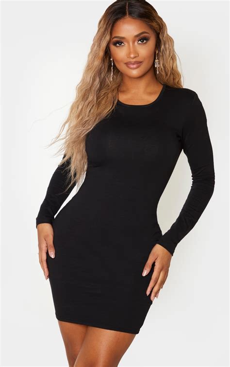 Shape Black Cotton Long Sleeve Bodycon Dress | PrettyLittleThing CA