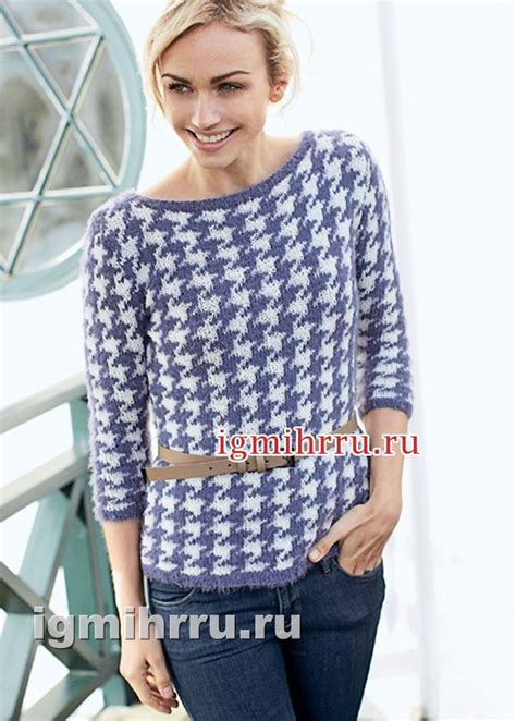Двухцветный пуловер с узором «гусиная лапка». Вязание спицами | Пуловер ...