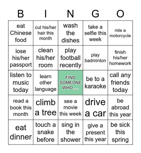 Present Perfect Bingo Card