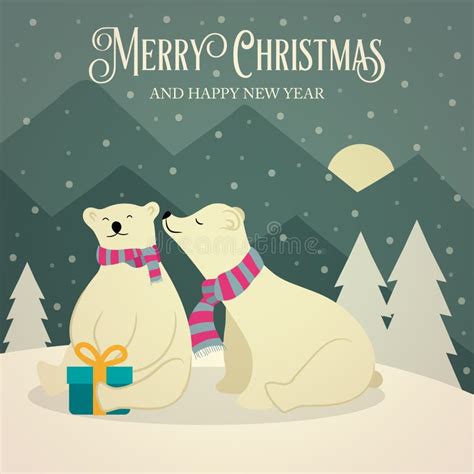 Beautiful Retro Christmas Card With Polar Bears Couple Stock Vector