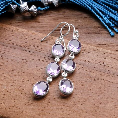 Sterling Silver Triple Amethyst Dangly Oval Earrings Martha Jackson