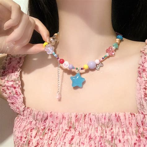 Sweet Cool Hot Girls Blue Star Dangle Beaded Necklace Clavicle Chain Choker Jewelry Shopee