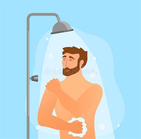 Young Man Taking Shower Cartoon Vector Illustration Happy Guy Washing