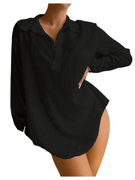 Verdusa Women S Long Sleeve High Low Loose Swimsuit Bikini Cover Up Dress Black Small For Sale