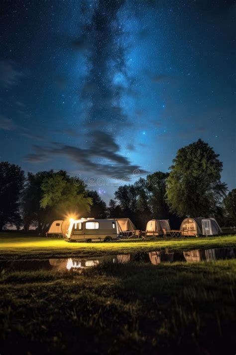 Wohnwagen Campingplatz Unter Dem Sternenhimmel Stock Abbildung