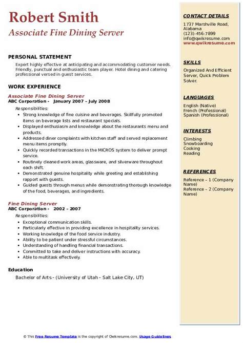 10 Fine Dining Server Resume Samples Templates For 2025