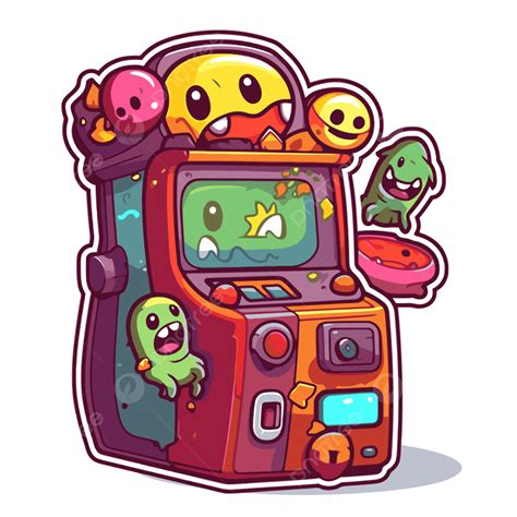 Personajes De Dibujos Animados Están Jugando Una Máquina Arcade Con Otros Monstruos Clipart