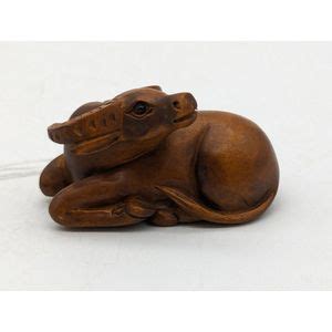 Japanese Netsuke Carved Boxwood Depicting Recumbent Bison Zother