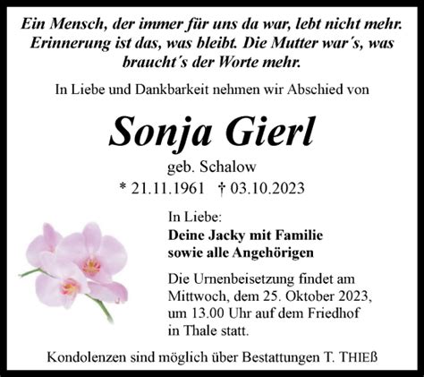 Traueranzeigen Von Sonja Gierl Abschied Nehmen De