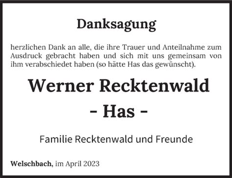 Traueranzeigen Von Werner Recktenwald Saarbruecker Zeitung Trauer De