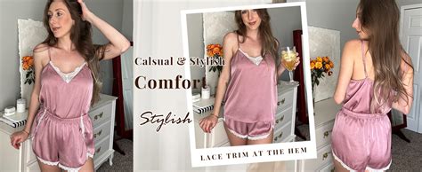 Ekouaer Satin Pajamas V Neck Sleepwear Set Lace Pj Tops And Shorts Nightwear Lingerie Pajamas At
