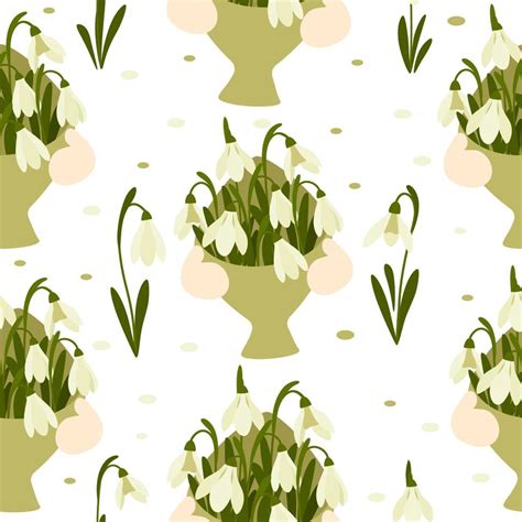 Seamless Pattern Bouquet Snowdrops Flower On Spring White Background