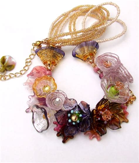 Handmade Lampwork Floral Necklace Amber Purple Pink Bouquet Festive