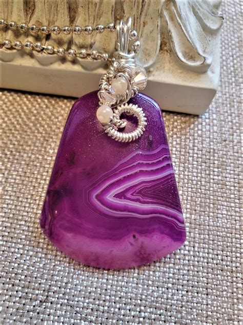 St180 Purple Stone Luna Banded Agate Gemstone Pendant Necklace Womans Jewelry Christmas