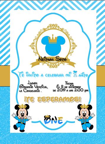 Invitación de Mickey Bebe Principe para su 1 añito Invitaciones