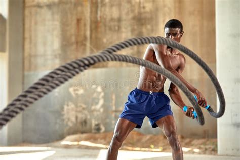 Rope Workout Sport Man Doing Battle Ropes Exercise Outdoor Stock Photo