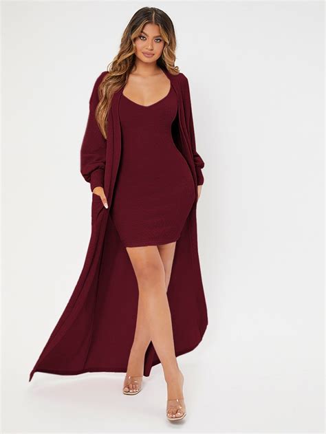 Shein Solid Lantern Sleeve Pocket Patched Open Front Coat And Bodycon