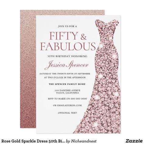 Rose Gold Sparkle Dress 50th Birthday Invite Gold