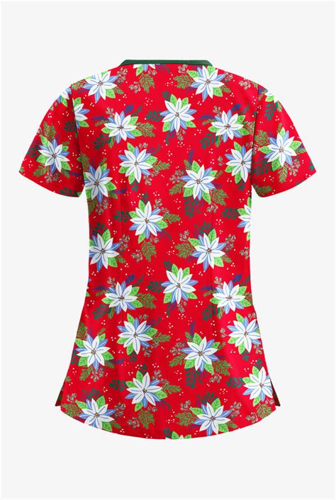 Ua Butter Soft Winter Floral Red Women S 3 Pocket Criss Cross Print Scrub Top Print Scrubs