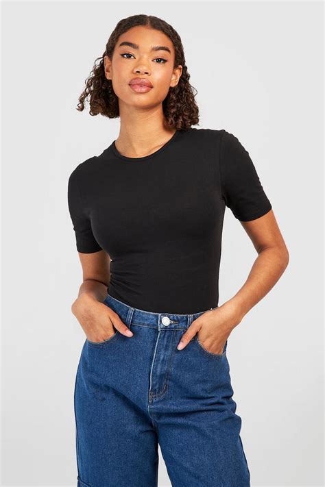 Black Tall Basic Cotton Crew Neck Short Sleeve Bodysuit