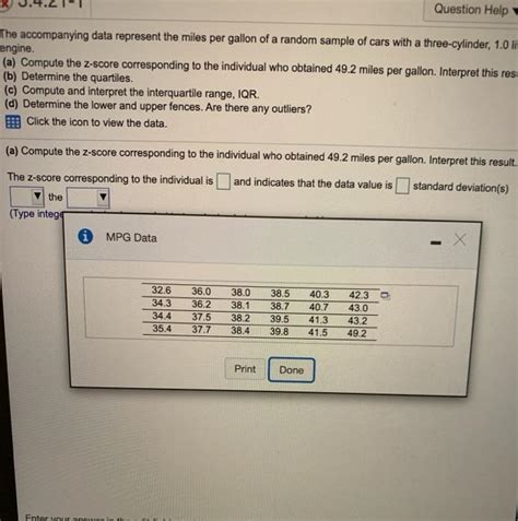 Solved The Accompanying Data Represent The Miles Per Gallon Chegg