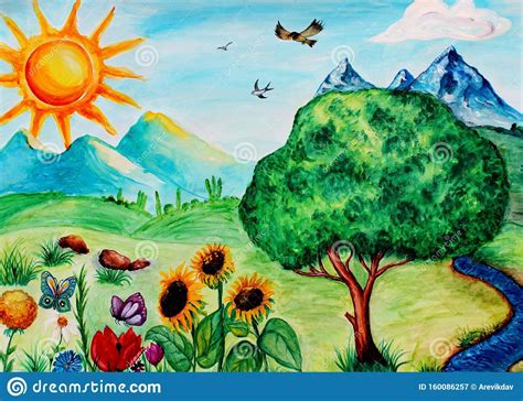 Illustration About Watercolor Painting Of Summer Landscape Watercolor