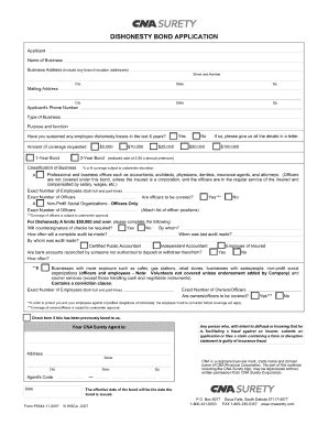 DISHONESTY BOND APPLICATION CNA Surety Fill And Sign Printable