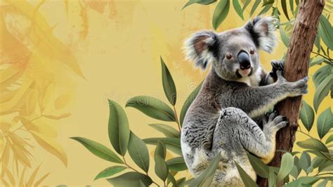 Save The Koala Day Horizontal Banner Cute Koala Sits On A Eucalyptus