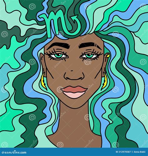 Scorpio Girl Portrait With Green And Blue Hair Zodiac Sign Vector