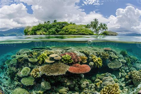 Ai Generated Tropical Island And Coral Reef Split View With Waterline