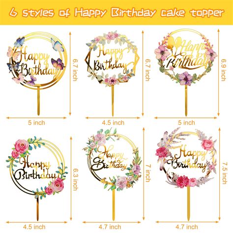 6 Pieces Happy Birthday Cake Toppers Gold Flower Acrylic Cake Toppers