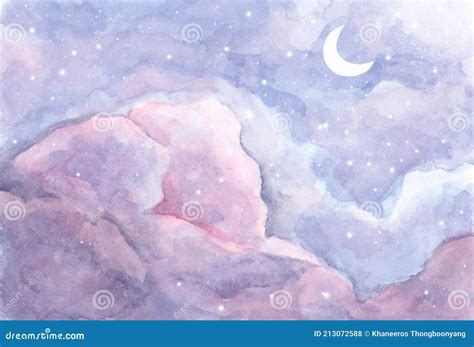 Watercolor Painting of Moon and Clouds Background with Soft Pastel ...