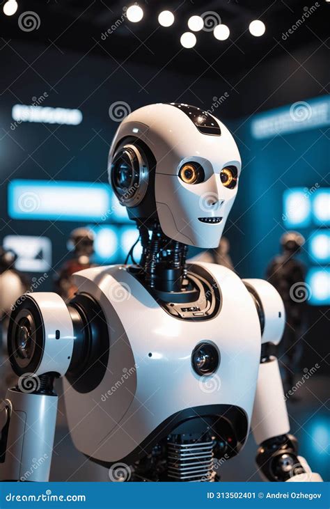 A White Robot In Electric Blue Headphones Stands In A Room Stock Image