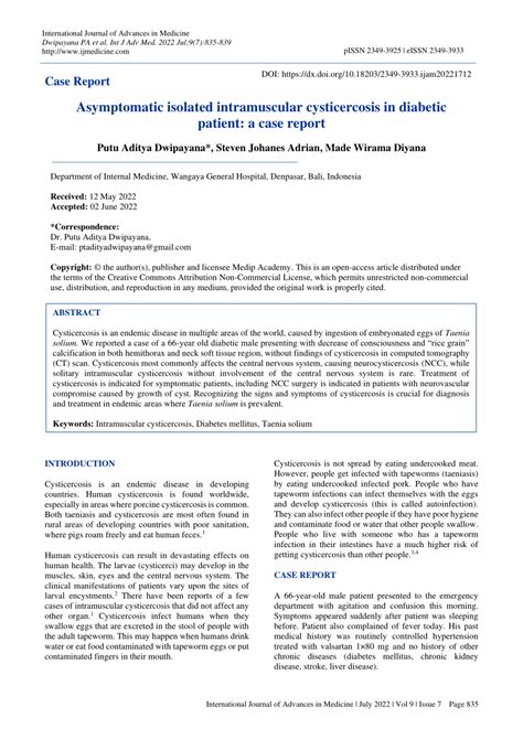 Pdf Asymptomatic Isolated Intramuscular Cysticercosis In Diabetic