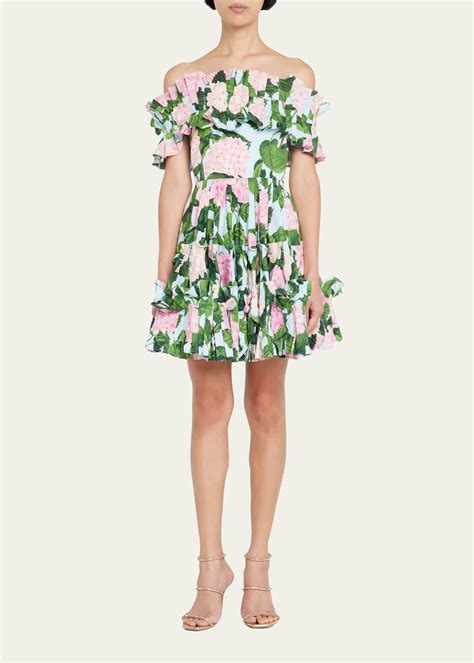 Oscar De La Renta Off Shoulder Hydrangea Print Ruffled Mini Dress