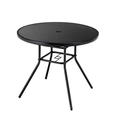 Liviza In Round Metal Outdoor Dining Table In Black With Umbrella