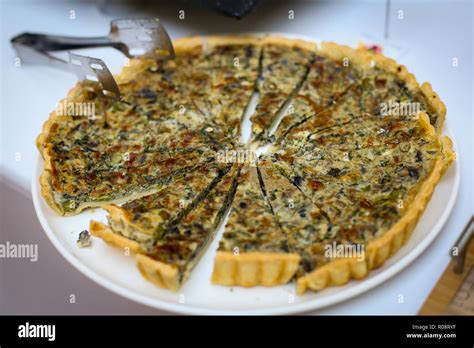 Close Up Of Quiche Lorraine With Spinach Stock Photo Alamy