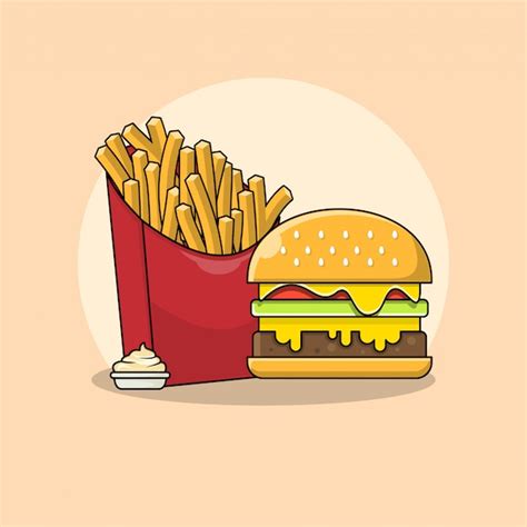 Premium Vector French Fries And Burger With Mayonnaise Illustration