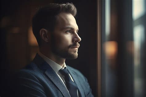 Un Hombre Con Traje Mira Por La Ventana Foto Premium