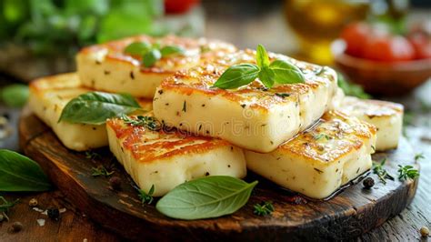 Roasted Slices Of Halloumi Cheese On Wooden Plate With Basil Stock