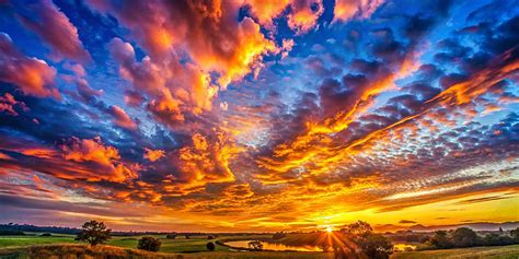 Dramatic Sunset Over Fields With Colorful Clouds Background Colorful