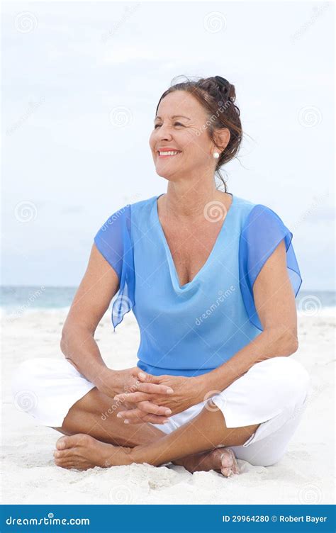 Portrait Happy Mature Woman Beach Stock Photo Image Of Attractive