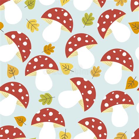 Seamless Pattern With Mushrooms And Leaves Autumn Background Stock