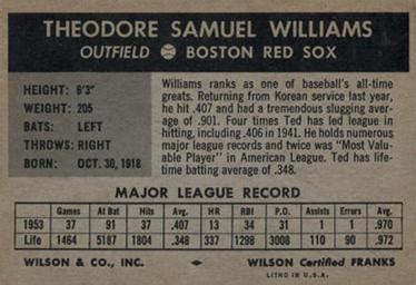 1954 Wilson Franks NNO Ted Williams Trading Card Database