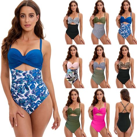 Back Cross Strap Women One Piece Bikini Multicolor Blue Stitching Swimsuit Cutout Bikini
