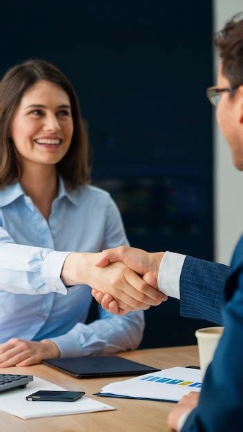 Two Smiling Business People Handshake Good Business Deal Premium AI