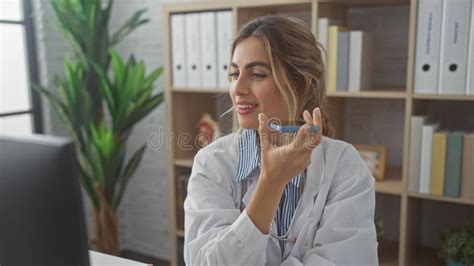Blonde Woman In Lab Coat Using Voice Recorder Indoors At Clinic Stock