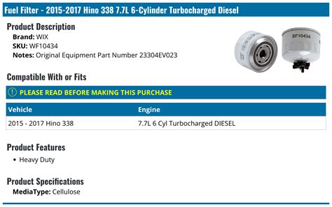 2015 2017 Hino 338 Fuel Filter Wix Wf10434