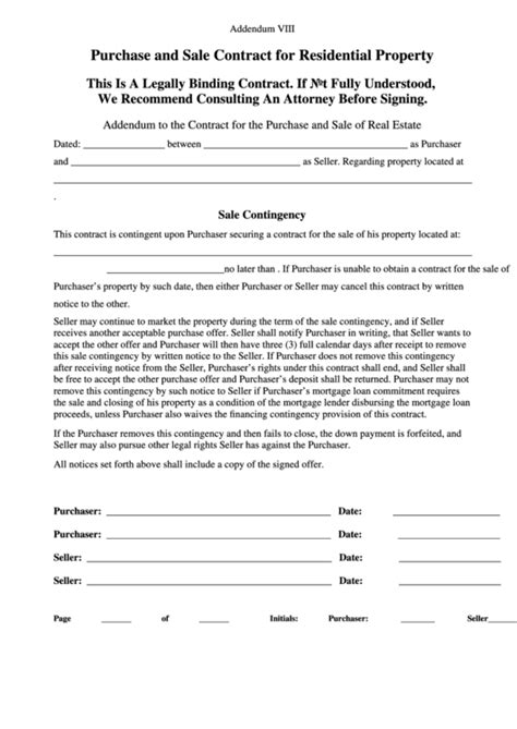 Fillable Purchase And Sale Contract For Residential Property Printable