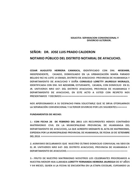 Solicitud De Divorcio Cesar Herrera Camasca Pdf Divorcio